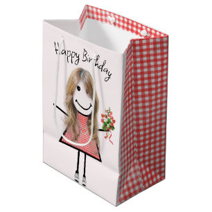 Cute Stick Figure Girl With Birthday Bouquet Medium Gift Bag