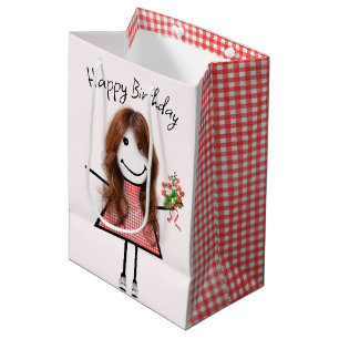 Cute Stick Figure Girl With Birthday Bouquet Medium Gift Bag