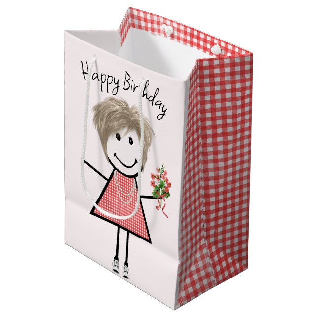 Cute Stick Figure Girl With Birthday Bouquet Medium Gift Bag (Front Angled)