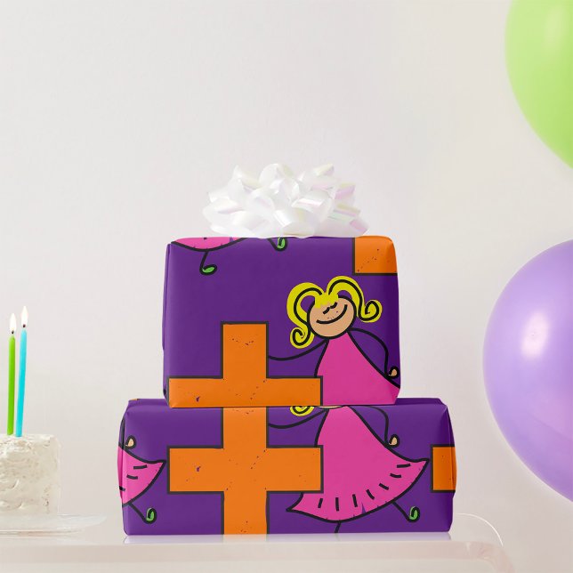 Cute Stick Figure Girl with Plus Sign  Wrapping Paper (Creator Uploaded)