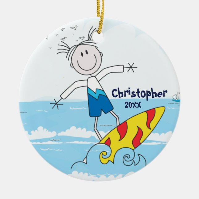 Cute Stick Figure Surfer Boy Christmas Ornament (Front)