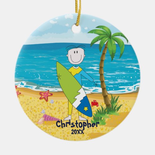 Cute Stick Figure Surfer Boy Christmas Ornament