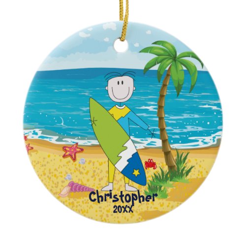 Cute Stick Figure Surfer Boy Christmas Ornament