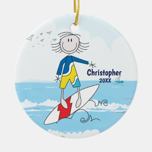 Cute Stick Figure Surfer Boy Christmas Ornament