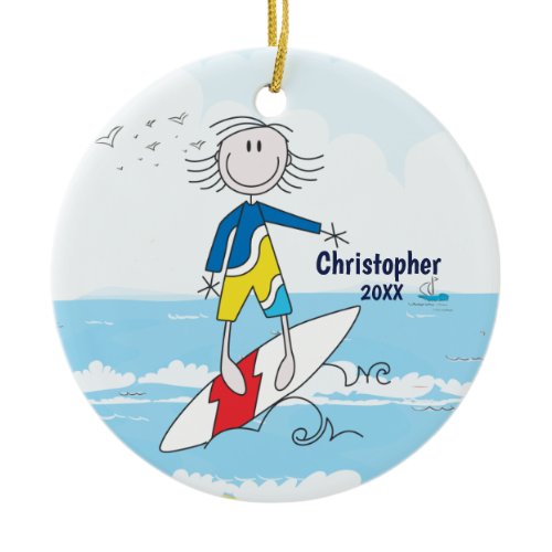 Cute Stick Figure Surfer Boy Christmas Ornament