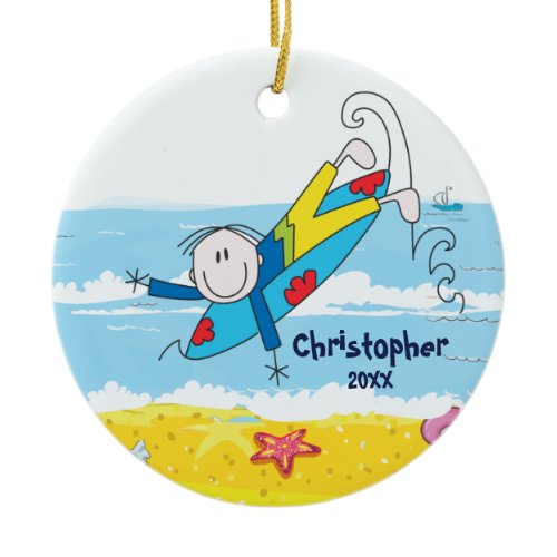 Cute Stick Figure Surfer Boy Christmas Ornament