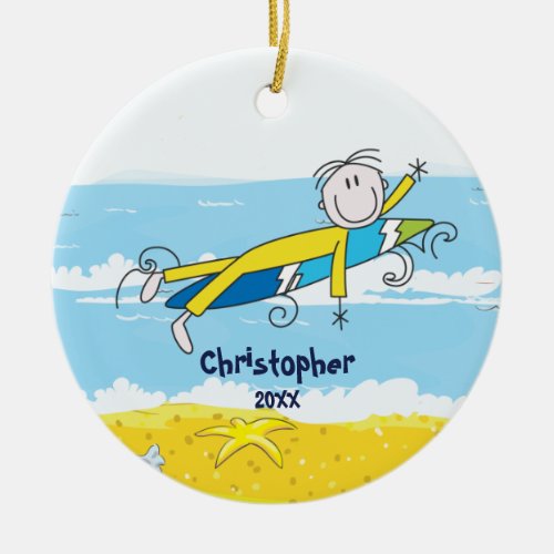 Cute Stick Figure Surfer Boy Christmas Ornament