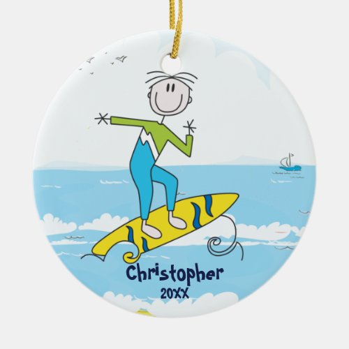 Cute Stick Figure Surfer Boy Christmas Ornament