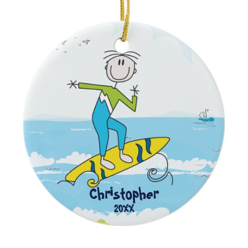 Cute Stick Figure Surfer Boy Christmas Ornament