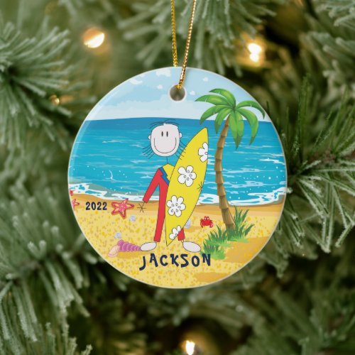 Cute Stick Figure Surfer Boy Christmas Ornament