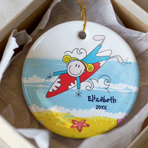 Cute Stick Figure Surfer Girl Christmas Ornament