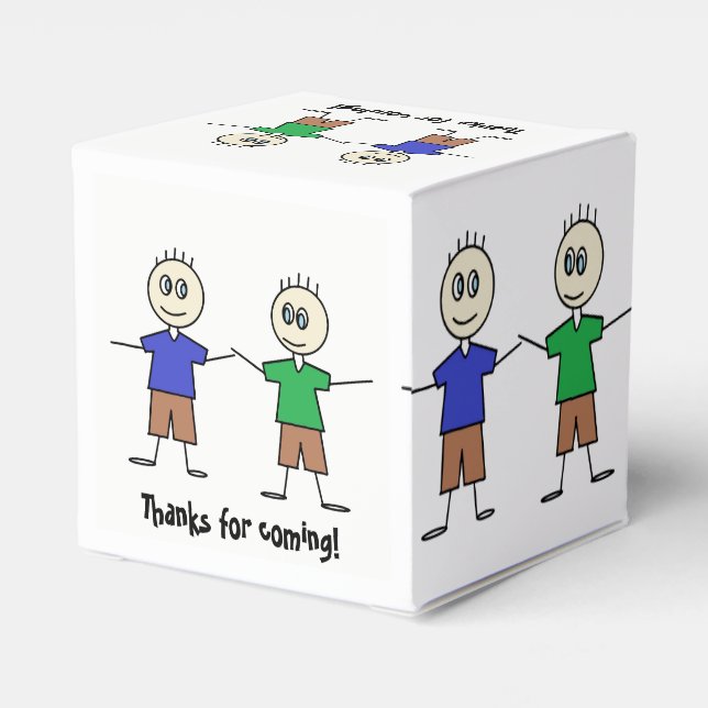 Cute Stick Figure Twin Boys Birthday Party Favor Boxes (Back Side)