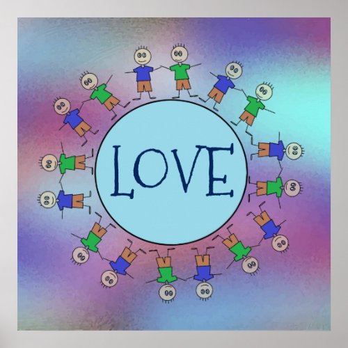 Cute Stick Figures Blue Planet Circle LOVE Poster