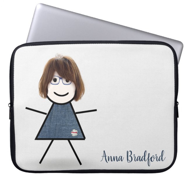 Cute Stick Girl with Hair and Name Laptop Sleeve (Front)