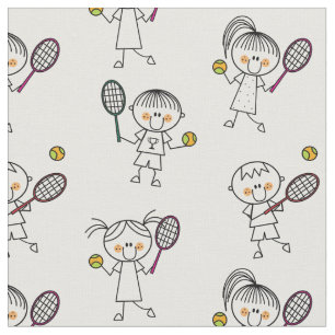 Cute stick tennis players on white fabric