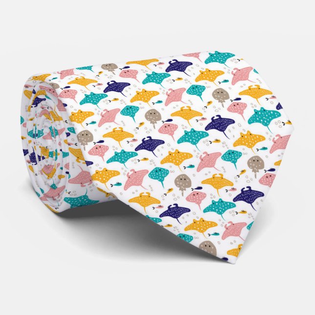 Cute sting ray and manta ray fish pattern neck tie (Rolled)