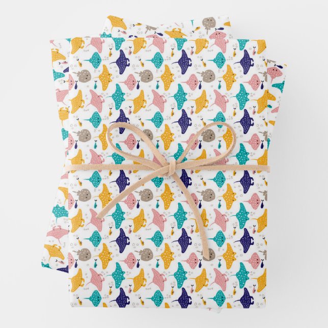 Cute sting ray and manta ray fish pattern wrapping paper sheets (In situ)