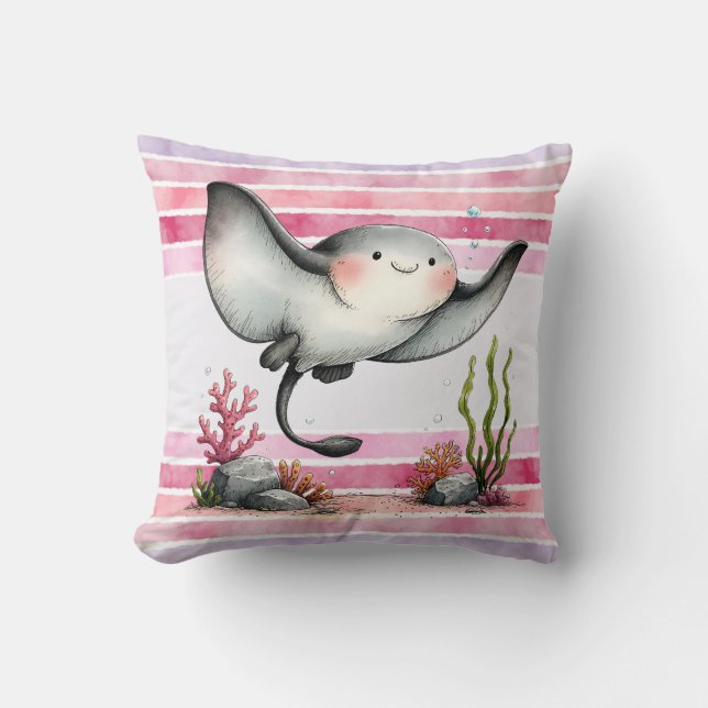 Cute Stingray Underwater Kids’ Beach Design Throw Pillow (Front)