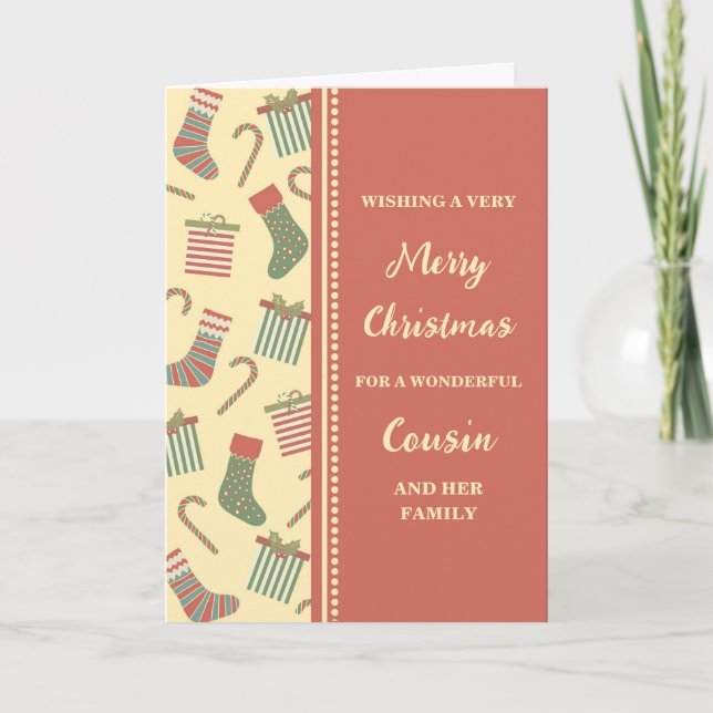 Cute Stockings Cousin & Family Merry Christmas Card (Front)