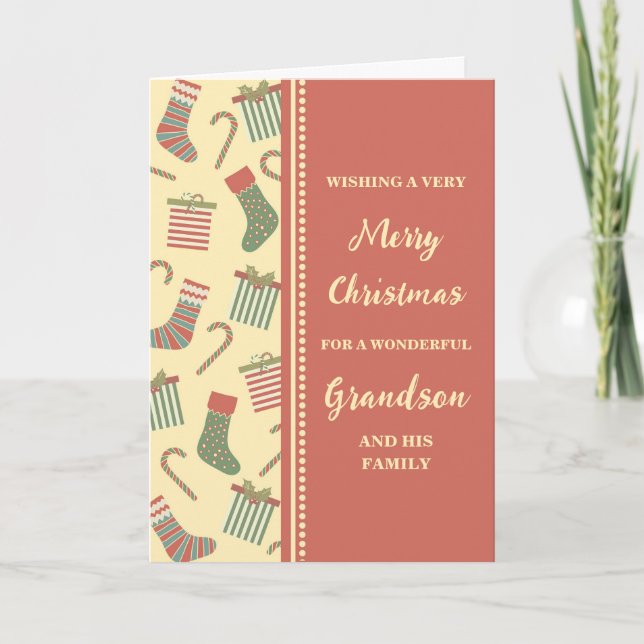 Cute Stockings Grandson & Family Merry Christmas Card (Front)