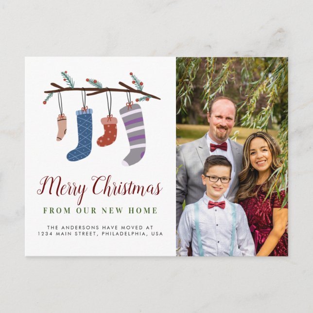 Cute Stockings Merry Christmas New Home Moving Announcement Postcard (Front)
