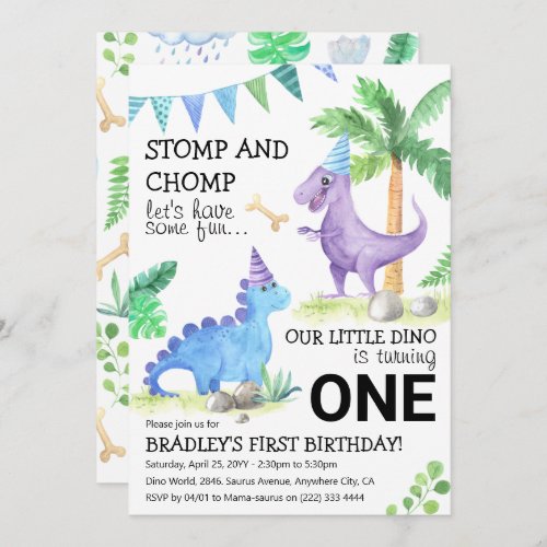 Cute Stomp Chomp Dinosaur 1st Birthday Party Invitation