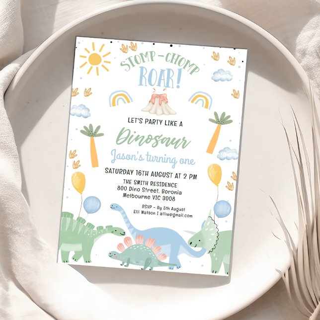 Cute Stomp Chomp Roar Dinosaur 1st Birthday Invitation (Stomp Chomp Roar Party Like A Dinosaur Birthday Invitation Boy, Dinosaur Themed 1st Birthday Invite)