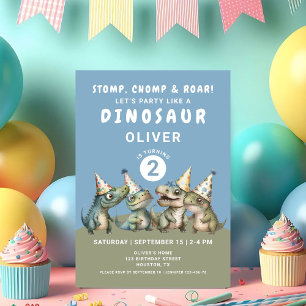 Cute Stomp, Chomp & Roar Dinosaur 2nd Birthday Invitation