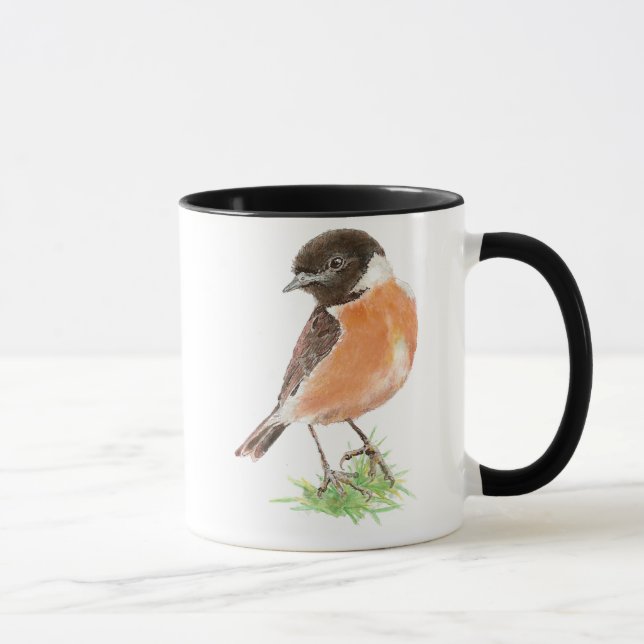 Cute Stonechat,, Watercolor Bird Collection Mug (Right)