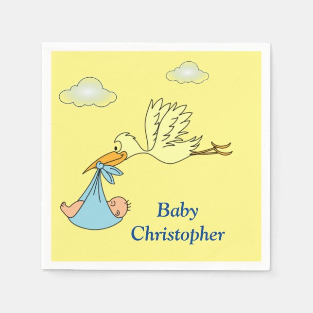 Cute Stork Baby Boy Shower Name Blue Yellow  Napkins (Front)