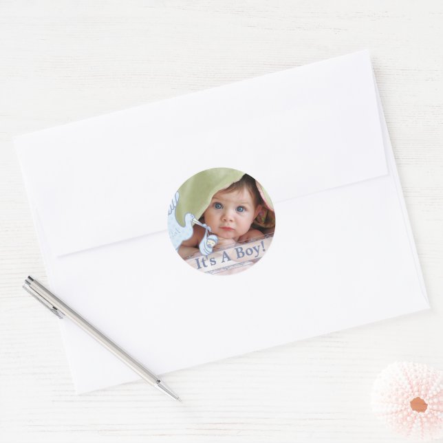 Cute Stork Baby Boy Stickers with your baby photo (Envelope)