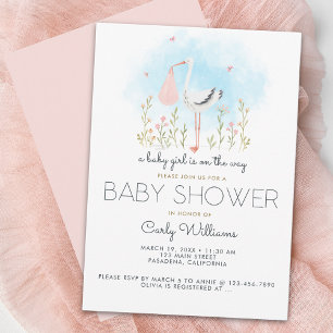 Cute Stork Baby Girl Baby Shower Invitation