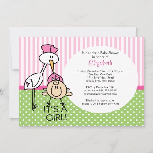 Cute Stork Baby Girl Baby Shower Invitations