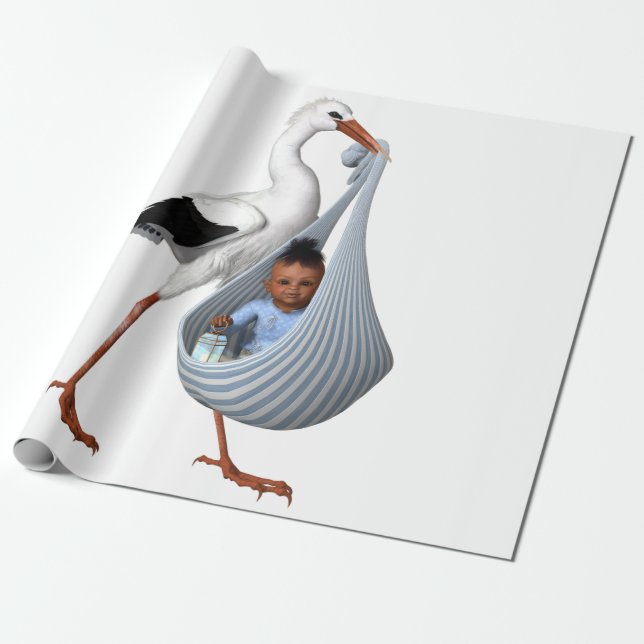 Cute Stork & Baby Modern Baby Shower Wrapping Paper (Unrolled)