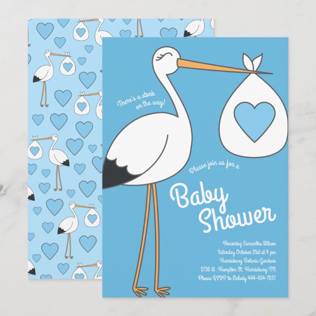 Cute Stork Baby Shower Mod Blue Boy Invitation (Front/Back)