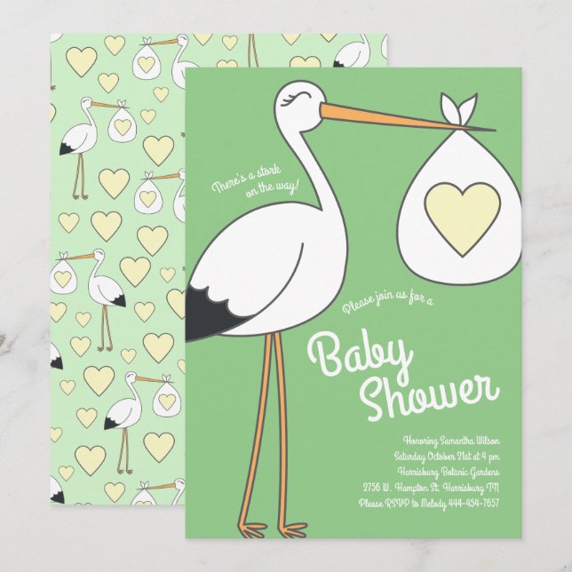 Cute Stork Baby Shower Mod Gender Neutral Invitation (Front/Back)