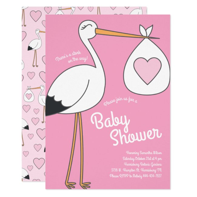 Cute Stork Baby Shower Mod Pink Girl Invitation