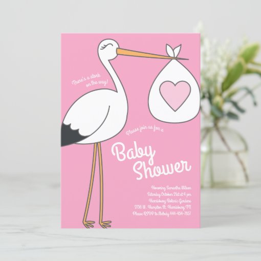 Cute Stork Baby Shower Mod Pink Girl Invitation | Zazzle