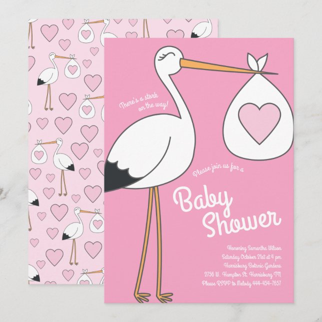 Cute Stork Baby Shower Pink Girl Invitation (Front/Back)