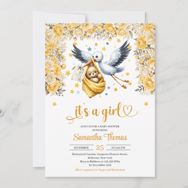Cute stork & baby yellow flowers girl baby shower invitation (Front)