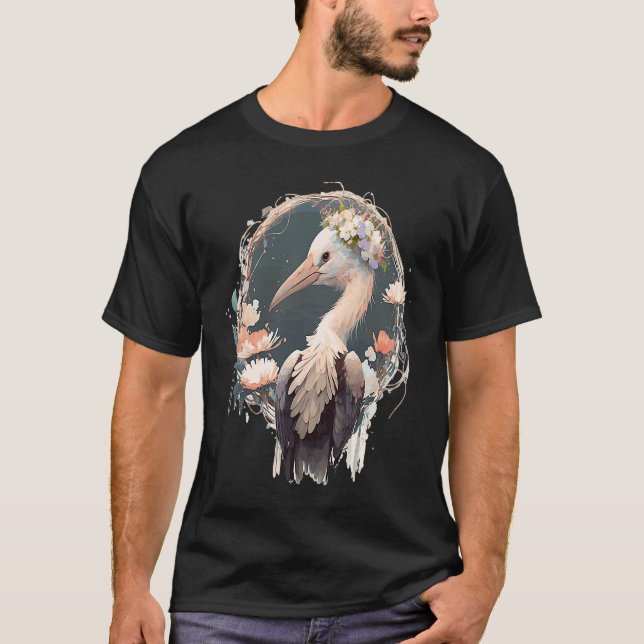 Cute Stork Bird Flower Crown Floral Birds T-Shirt (Front)
