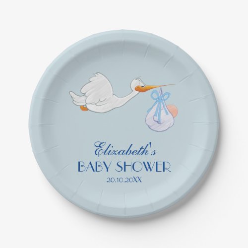 Cute Stork Blue Boy Baby Shower Party Paper Plates