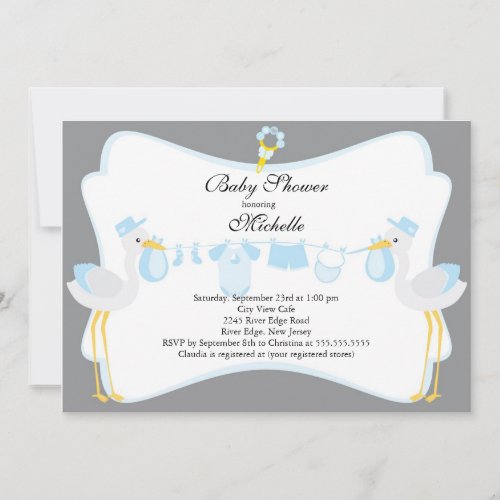 Cute Stork Boy Baby Shower Invitation