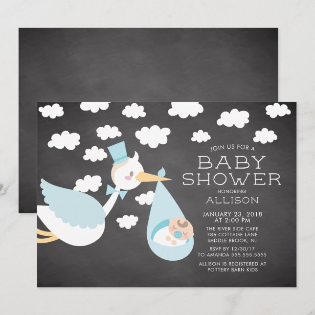Cute Stork Boys Baby Shower Invitation (Front/Back)