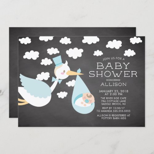 Cute Stork Boys Baby Shower Invitation
