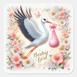 Cute Stork Carrying Baby Girl Square Sticker