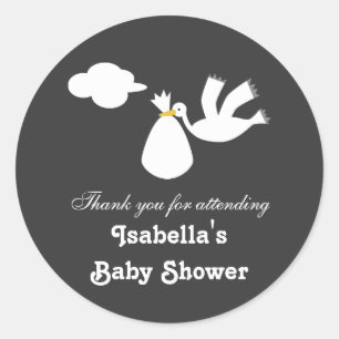 Cute Stork Carrying Bundle White Grey Baby Shower Classic Round Sticker