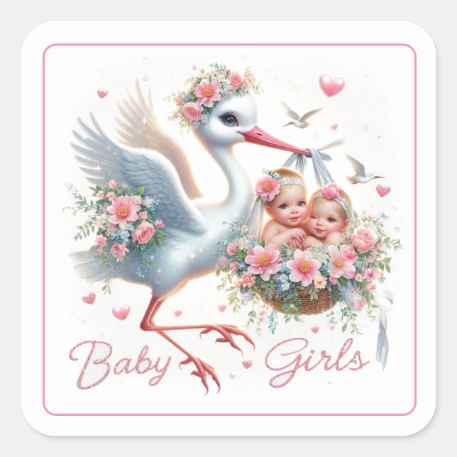 Cute Stork Carrying Twin Baby Girls  Square Sticker (Front)