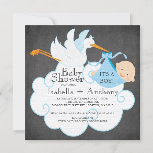 Cute Stork Chalkboard Boy Baby Shower Invitatation Personalized Invites