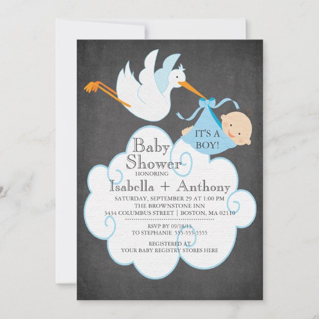 Cute Stork Chalkboard Boy Baby Shower Invitatation Invitation (Front)